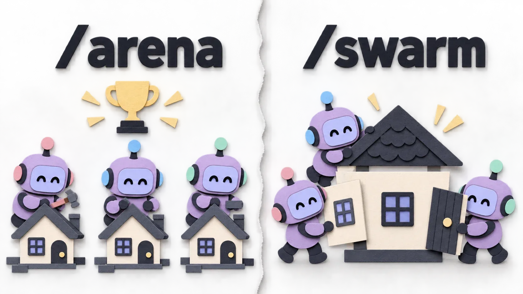 /arena ให้หลาย model ทำงานเดียวกันแข่งกัน ส่วน /swarm แบ่งงานเป็นชิ้นแล้วช่วยกันประกอบ