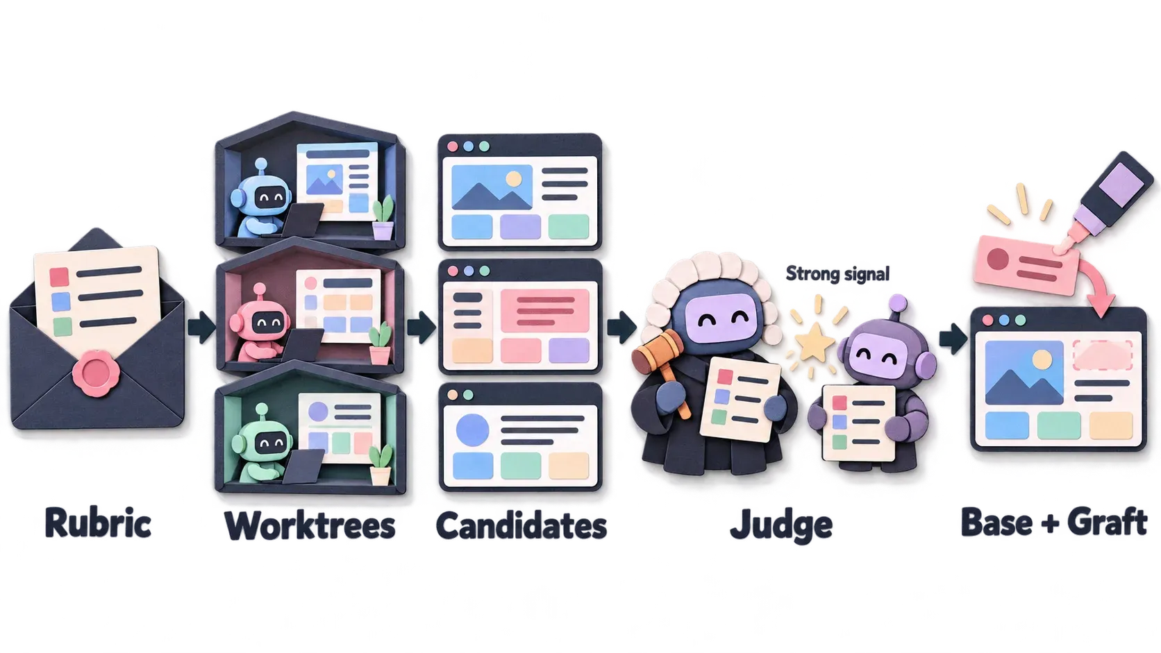ขั้นตอนของ /arena: เขียน Rubric ซ่อนไว้, แยก worktree ให้แต่ละ model, ได้ Candidate, Judge กับ agent หลักให้คะแนน, เลือก Base แล้ว Graft