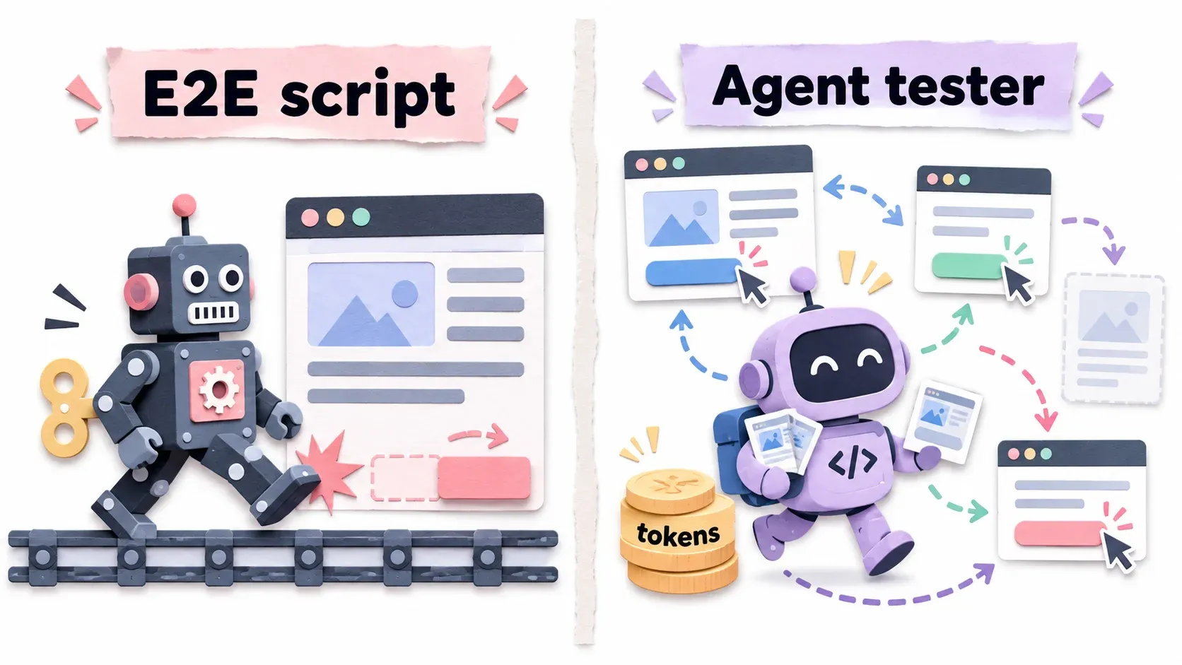 E2E script เดินตามรางตายตัว ส่วน Agent tester สำรวจ app ได้เองแต่ต้องจ่าย token