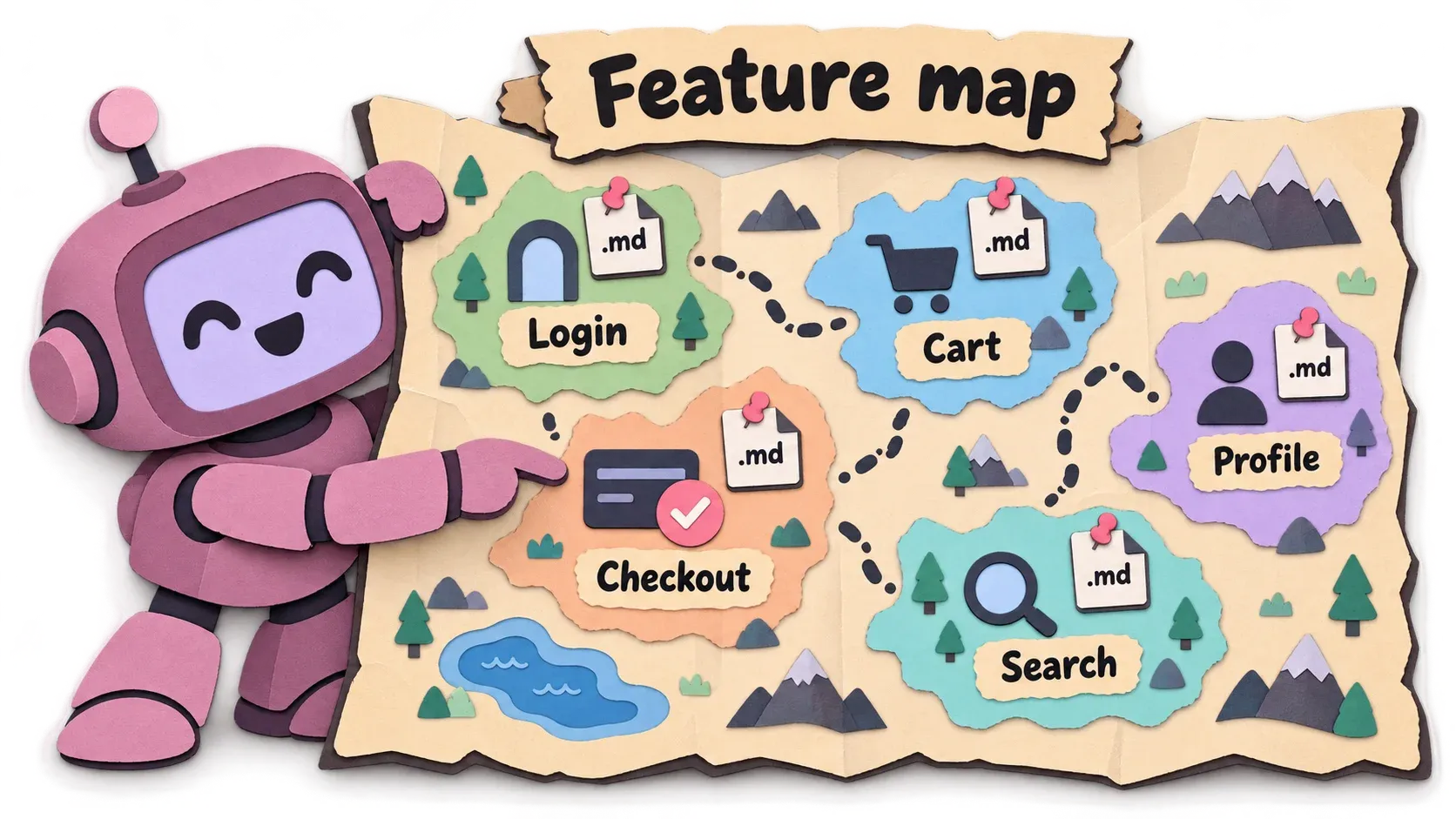 Feature map เหมือนแผนที่ของ app บอกว่าแต่ละ feature อยู่ตรงไหน มีไฟล์ markdown ปักไว้ทุกจุด
