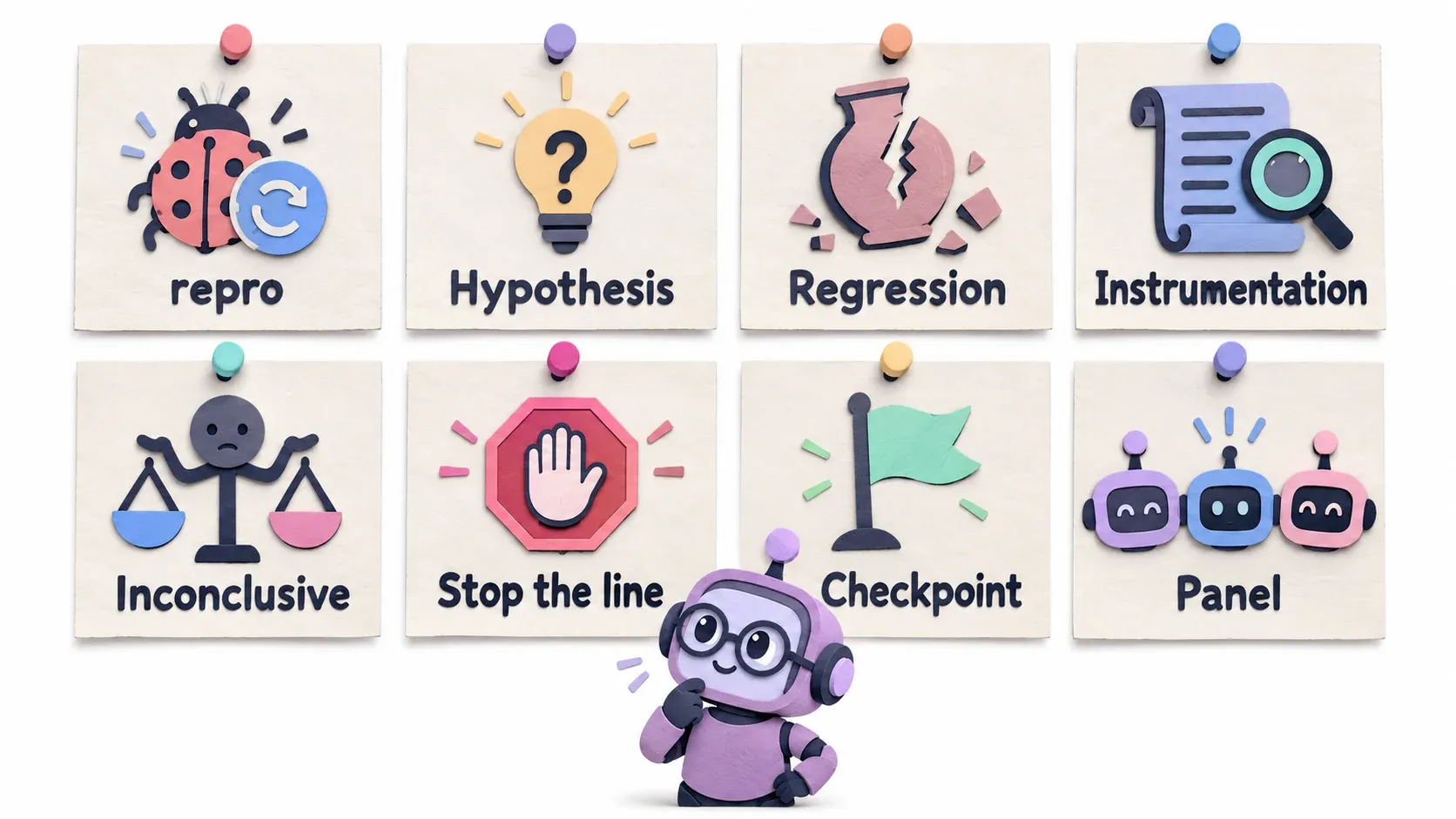 การ์ดคำศัพท์ที่เจอบ่อยใน pstack เช่น repro, Hypothesis, Regression, Stop the line