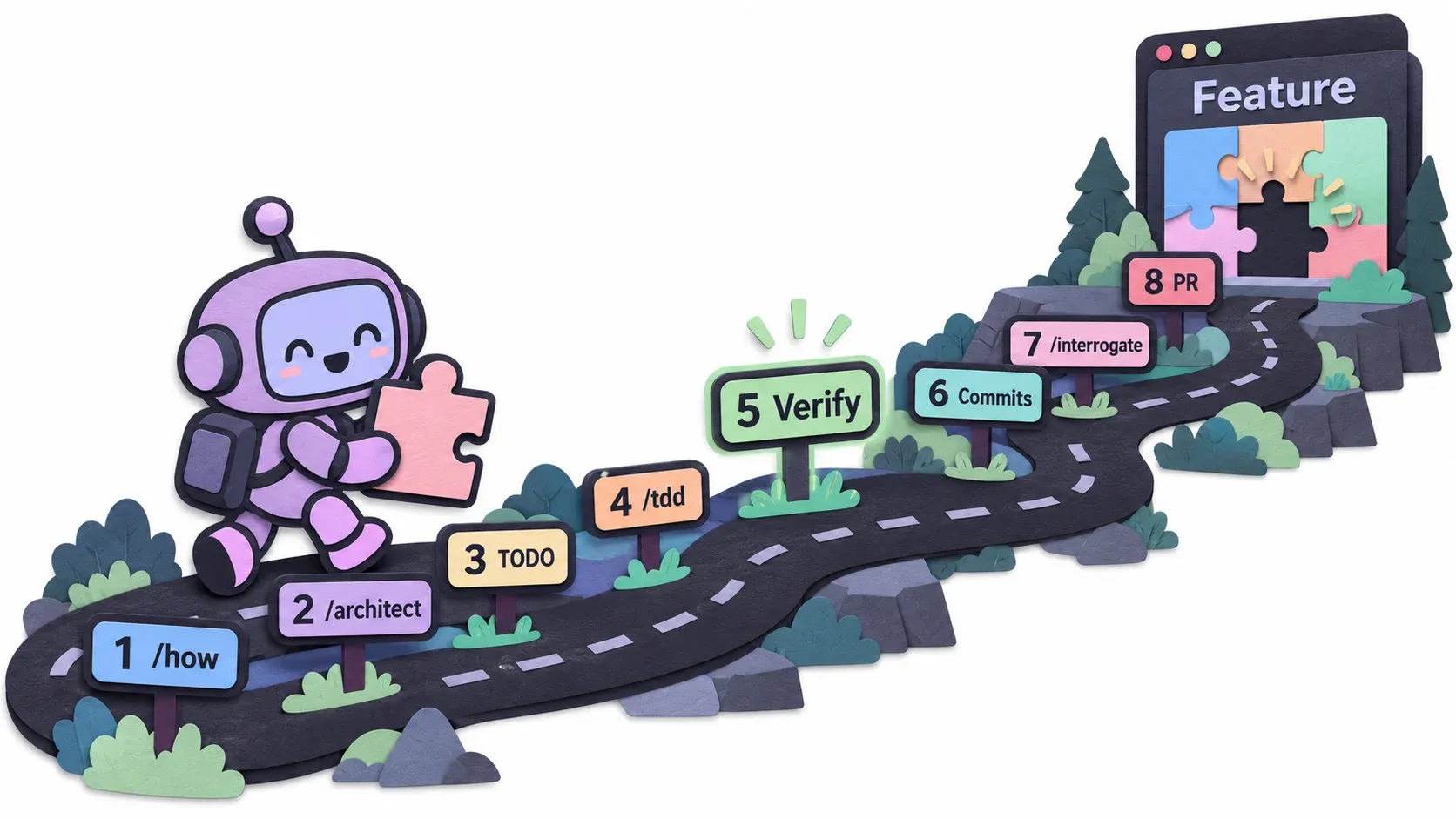 Feature: 8 ขั้นจาก /how, /architect, TODO, /tdd, Verify, Commits, /interrogate ไปจนถึง PR
