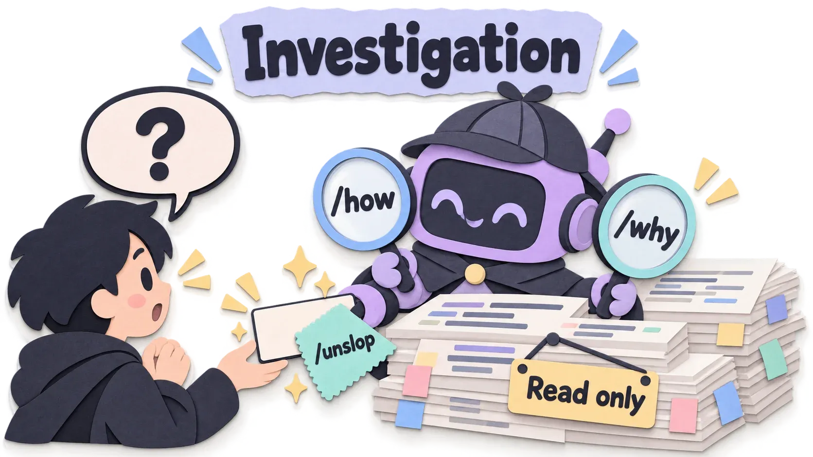 Investigation: ถามอย่างเดียว ไม่แก้ code ใช้ /how กับ /why หาคำตอบ แล้วเกลาด้วย /unslop