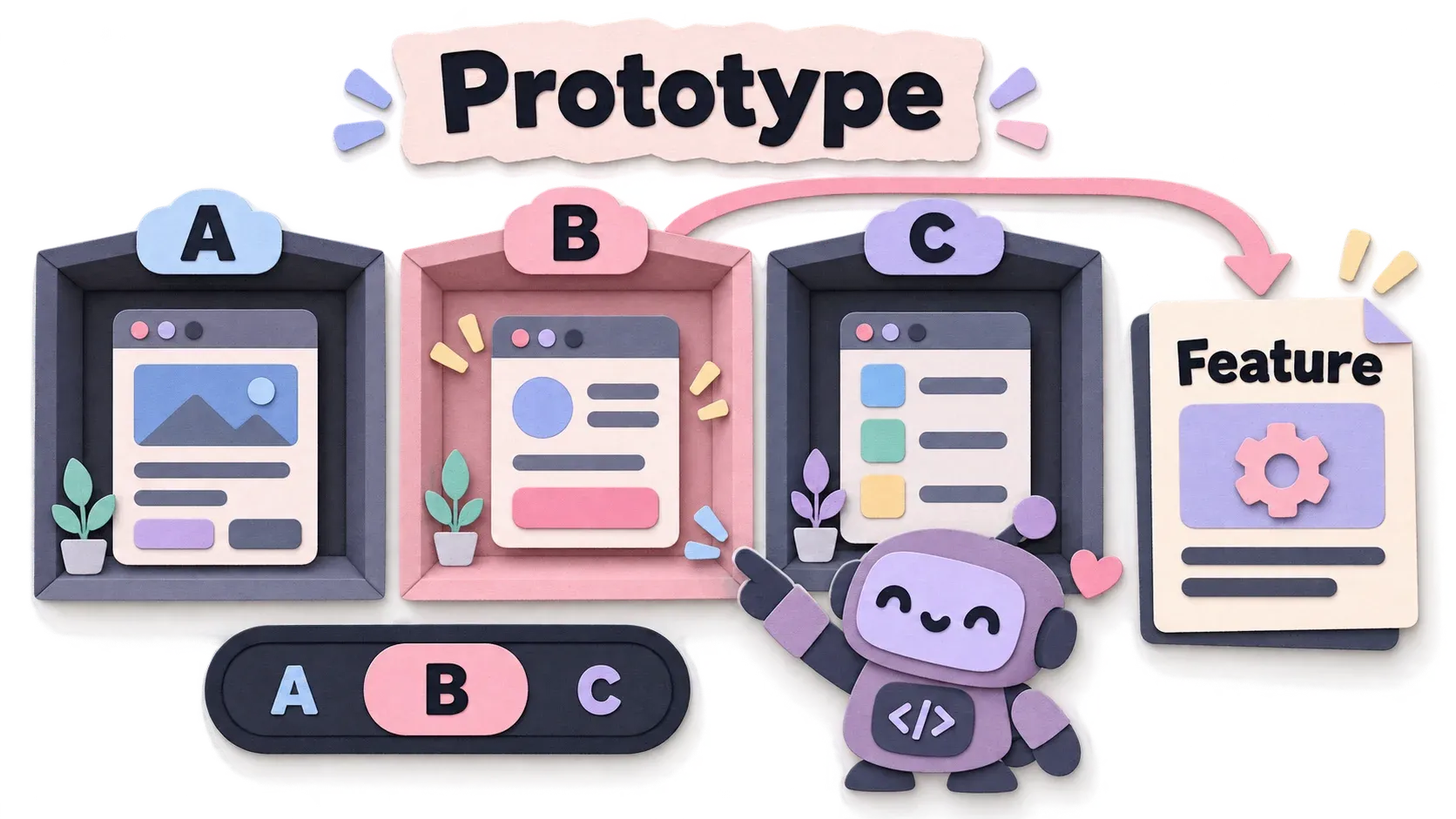 Prototype: ทำหลายแบบแยกกัน มีปุ่มสลับให้เลือก เลือกได้แล้วไปต่อที่ Feature playbook