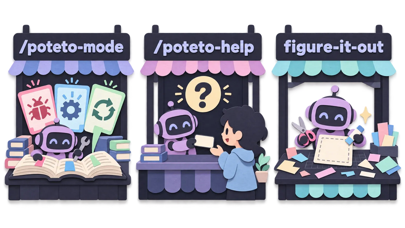 skill เริ่มต้น session: /poteto-mode ลงมือทำงาน, /poteto-help ให้ prompt แทน, figure-it-out สร้าง playbook ใหม่