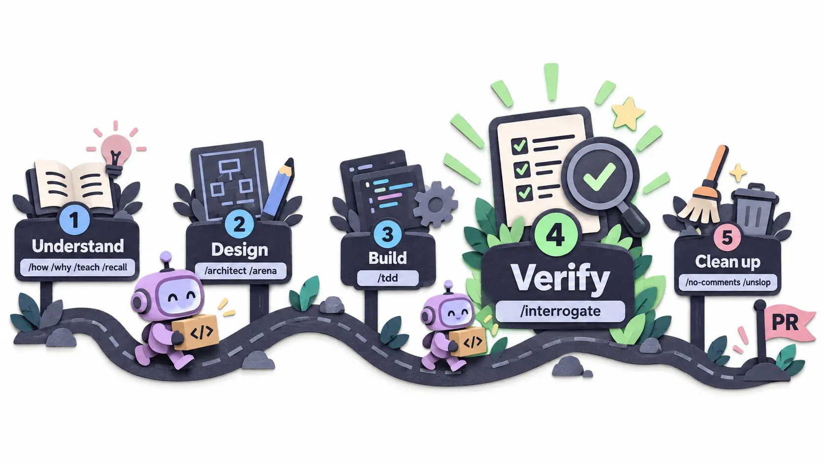 งาน 1 ชิ้นเดินทาง 5 ขั้น: Understand, Design, Build, Verify, Clean up โดยขั้น Verify สำคัญที่สุด